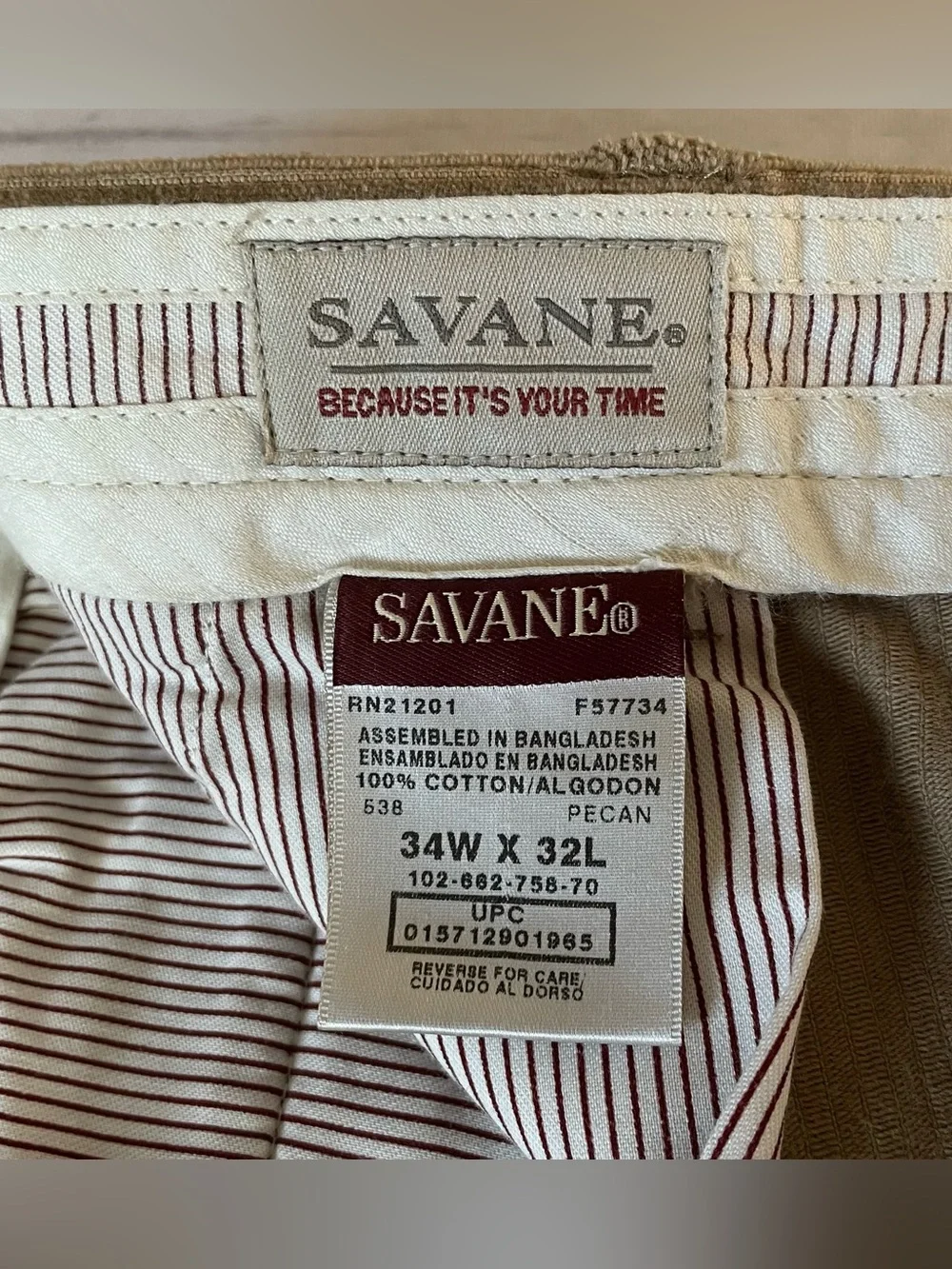 Savane Corduroy Pants Men’s 34x32 Brown Pecan Straight Relaxed Casual Preppy